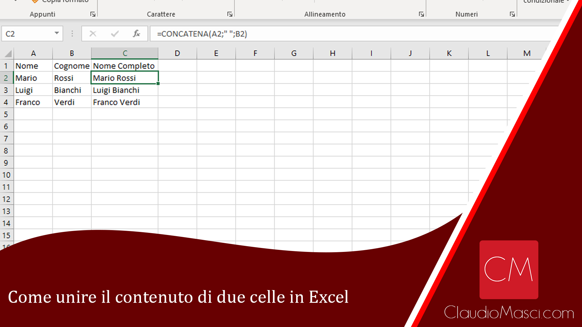 Come unire il contenuto di due celle in Excel