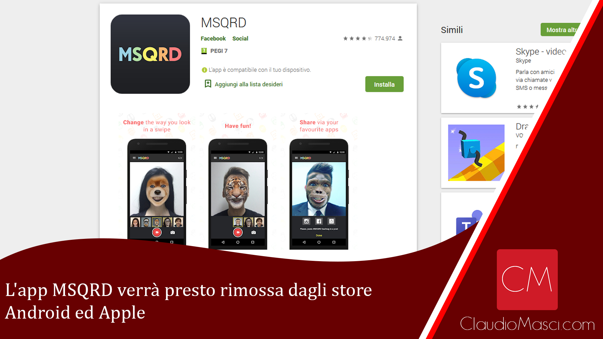 L’app MSQRD verrà presto rimossa dagli store Android ed Apple