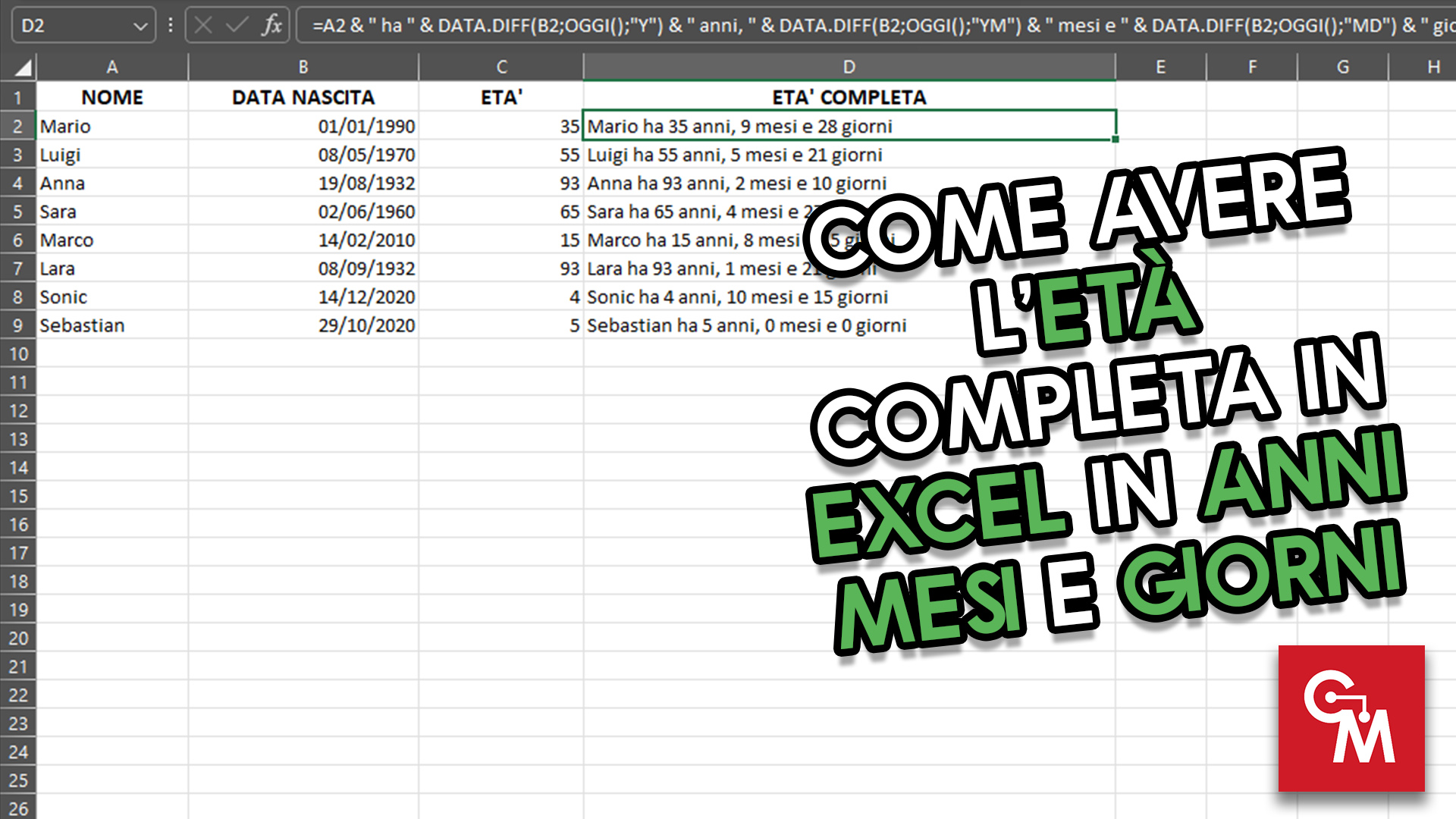 Come avere l’età completa in Excel in anni mesi e giorni